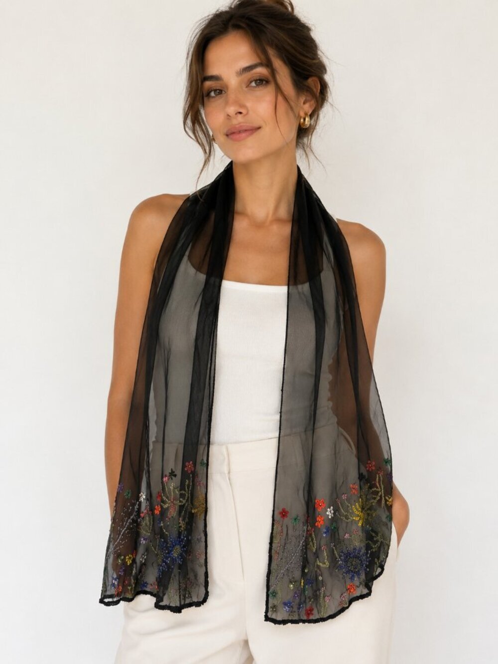 Vintage Sheer Black Beaded Embroidered Rectangular Scarf